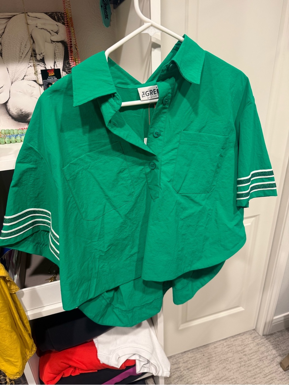 THE GREAT. Green Cropped Button-Up Top with White Sleeve Stripes